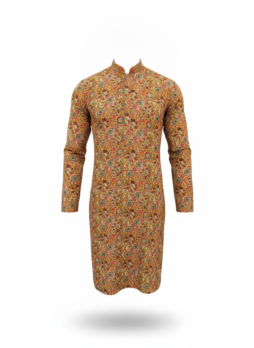 Mustard Ochre Kalamkari Hand Block Printed Cotton Kurta