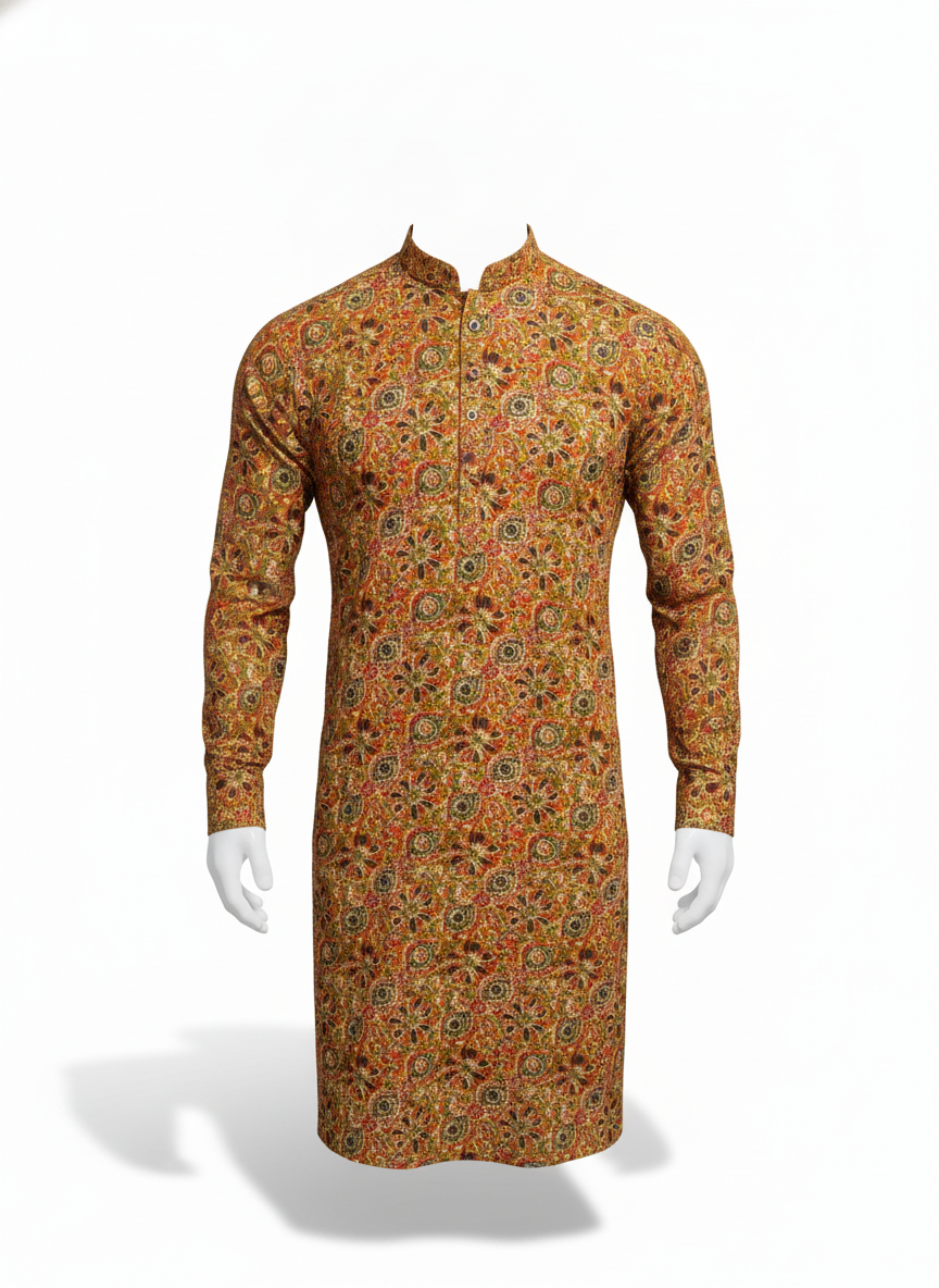 Mustard Kalamkari Floral Hand Block Print Kurta