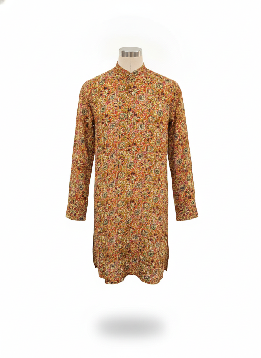 Mustard Yellow Kalamkari Block Printed Cotton Kurta