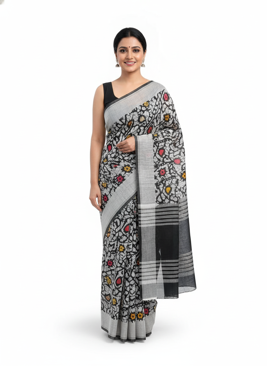 Artisanal Monochrome Crackle Batik Silk Saree